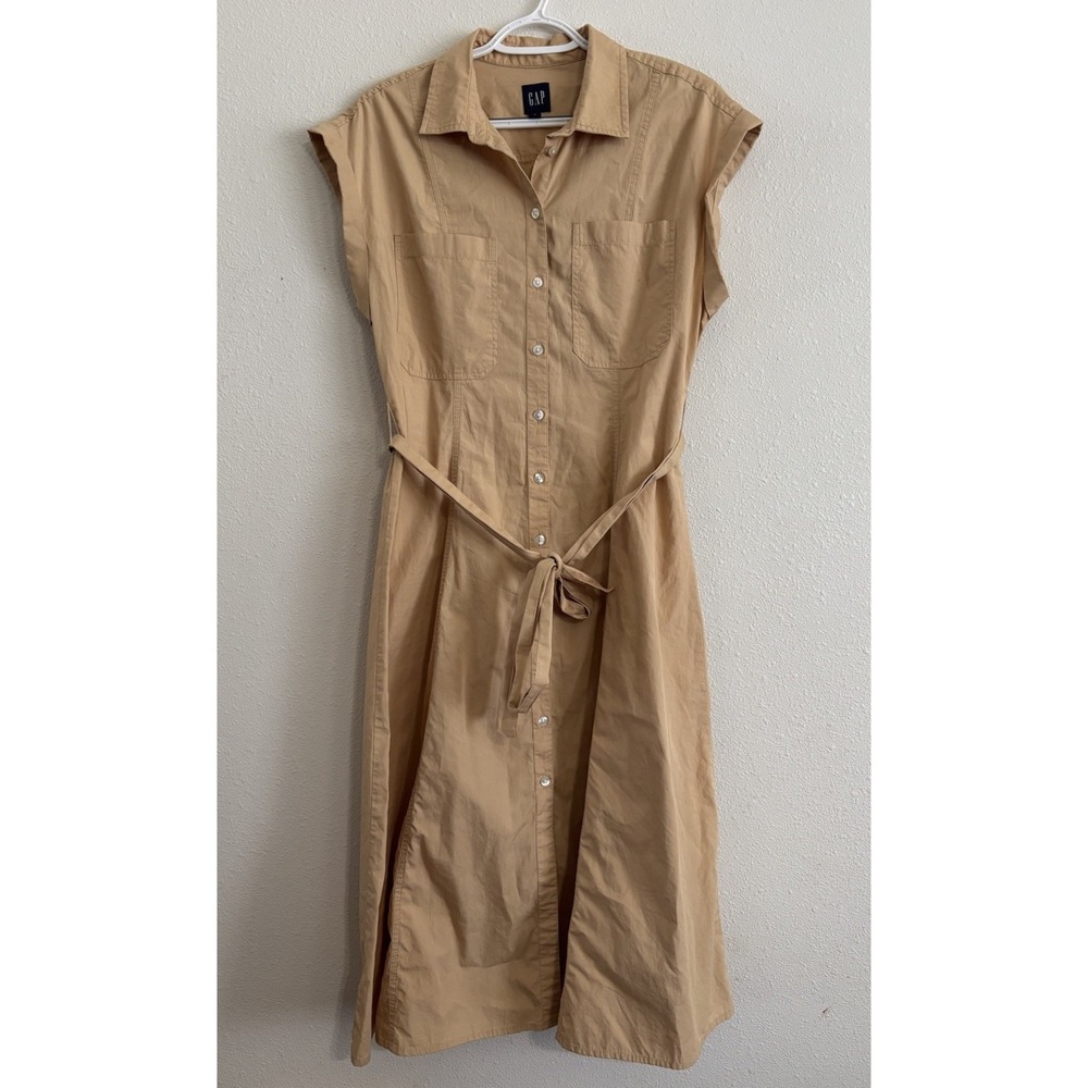 GAP Womens Midi Shirt Dress Tan Button Front Belted Cotton M Petite
